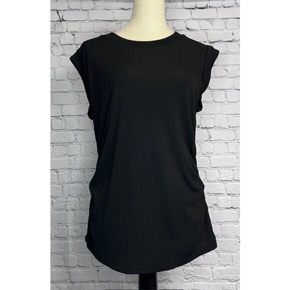 Nine West Cap Sleeveless Textured Crew Neck Top Cinch Waist Black Women's Large - Picture 1 of 5